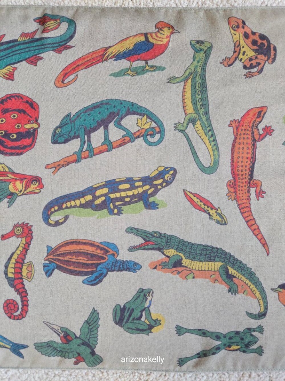 Vintage Animal Print Oblong Scarf Birds Fish Mammals Reptiles 1940's Design - Picture 5 of 11